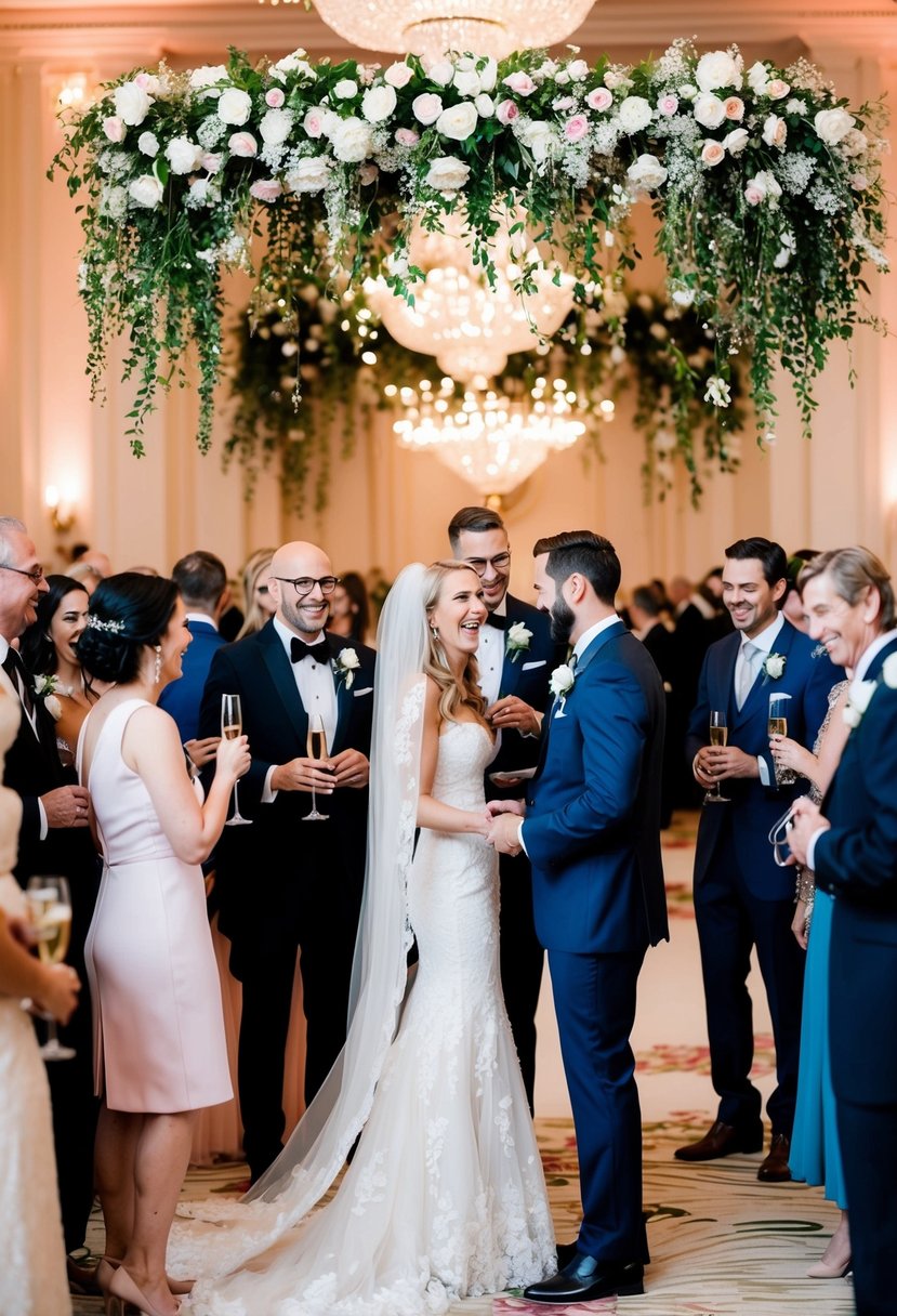 Guests mingle, champagne flows, and laughter fills the elegant ballroom as the bride and groom exchange vows under a cascading floral arch