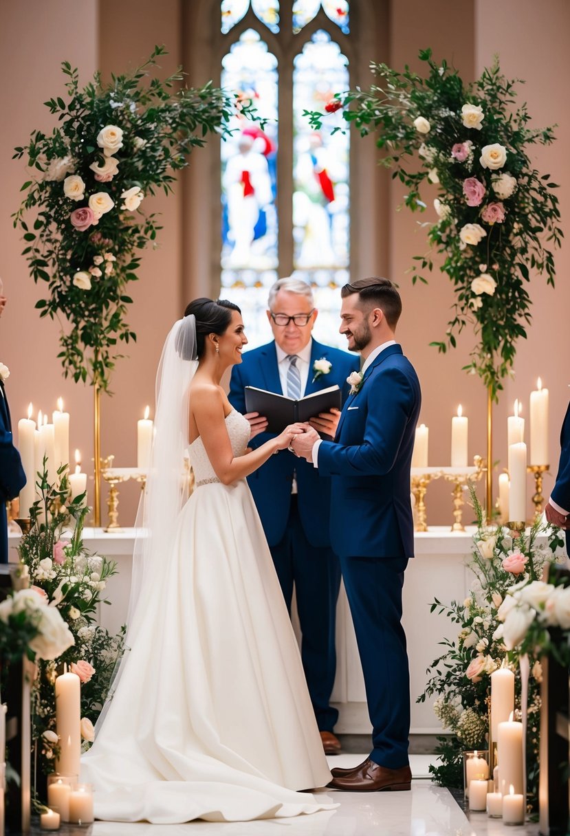 A bride and groom stand at the altar, surrounded by flowers and candles, as they exchange heartfelt vows