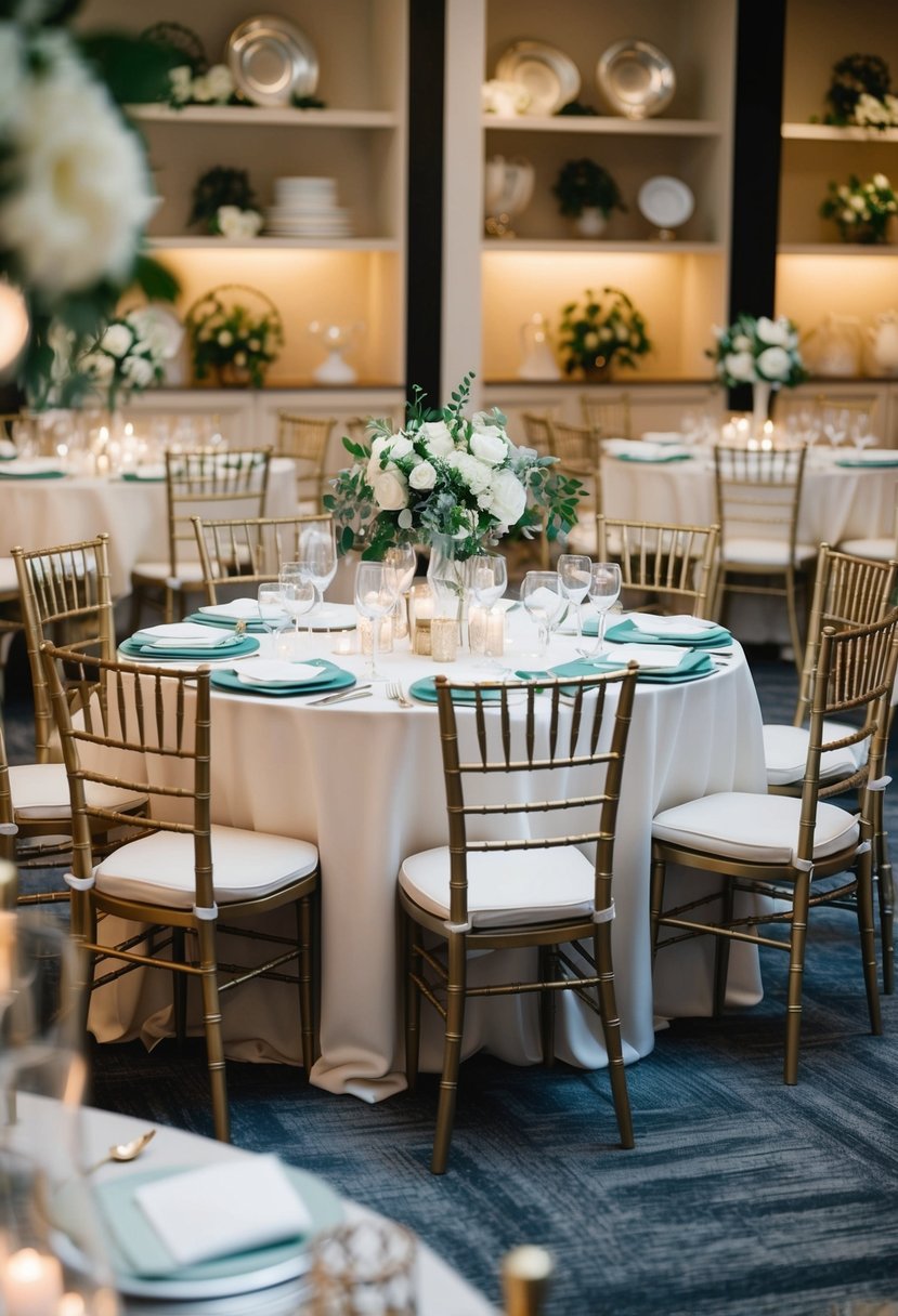 A bustling wedding rental shop with elegant chairs, tables, and linens displayed in an organized and inviting manner