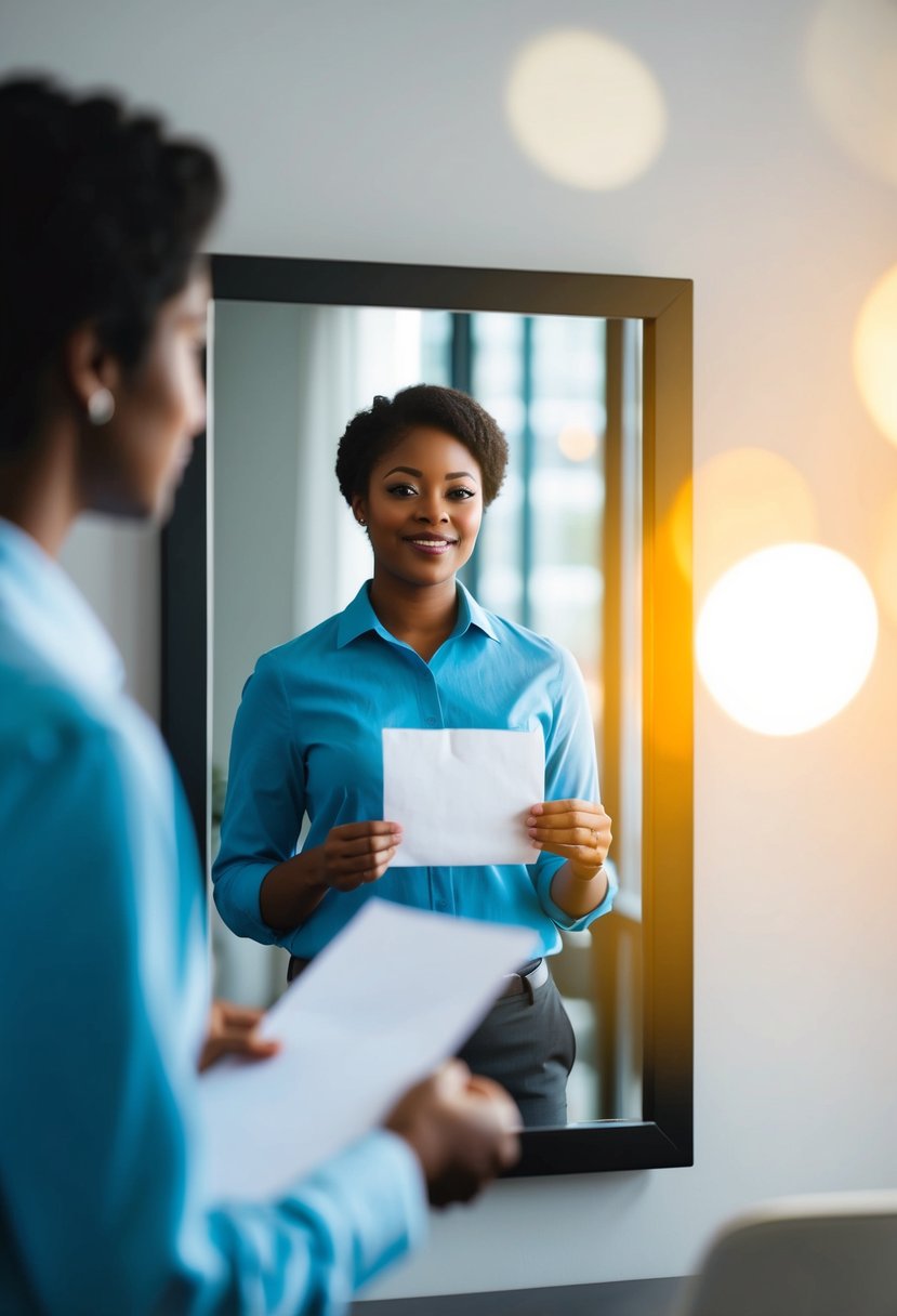 A person standing in front of a mirror, holding a piece of paper, practicing speaking confidently