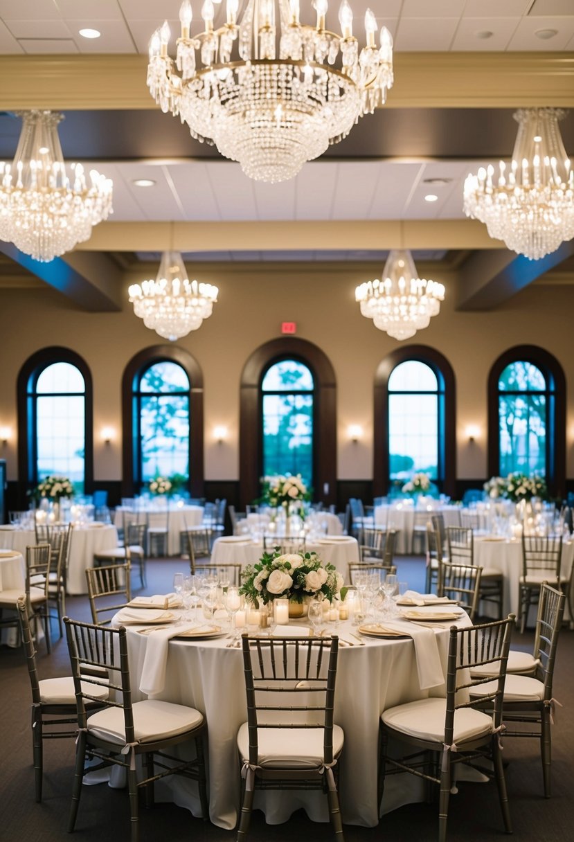 A wedding venue with included rentals: tables, chairs, linens, and decor set up in a spacious, elegant ballroom with large windows and sparkling chandeliers