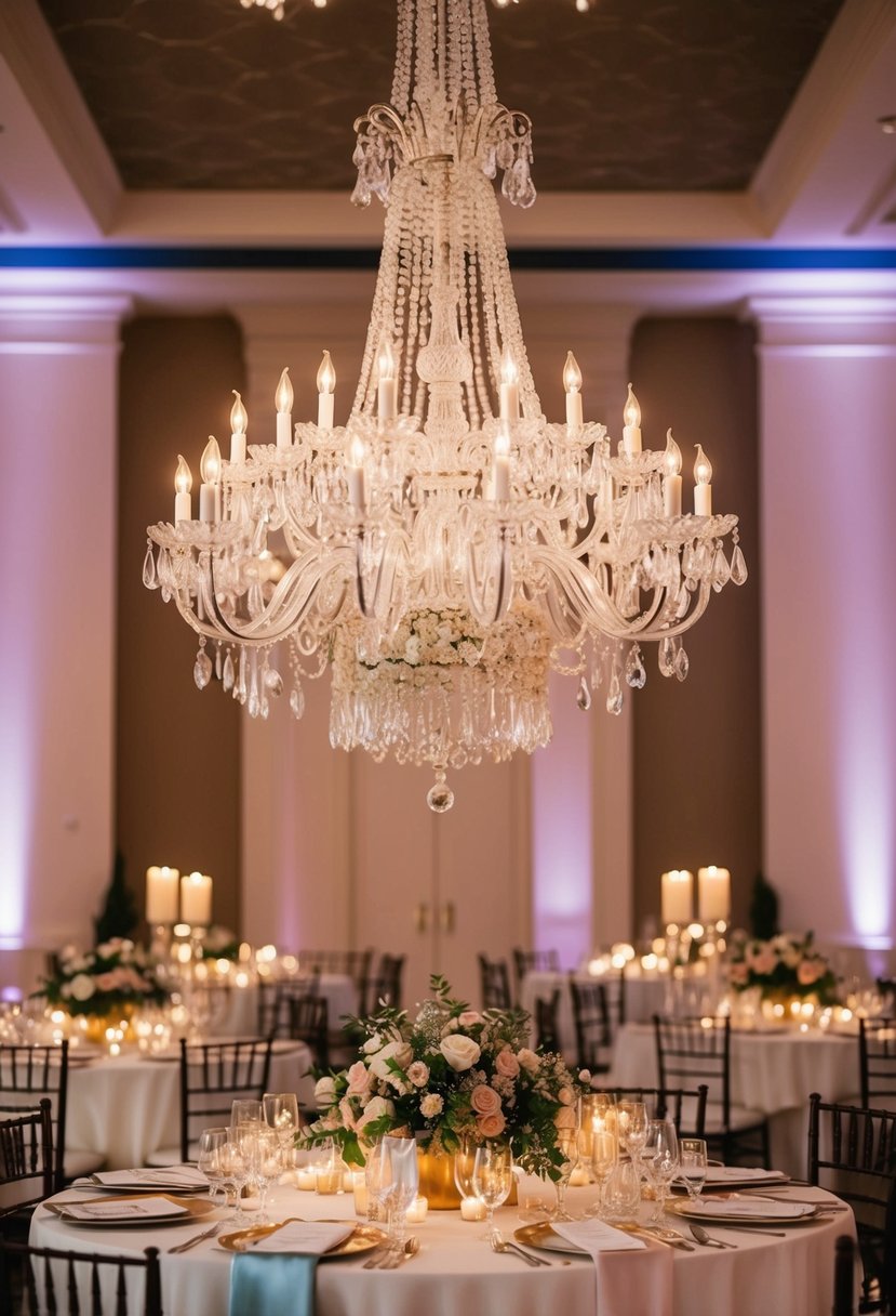 A grand chandelier hanging from a high ceiling, surrounded by elegant floral centerpieces on tables, with soft candlelight casting a warm glow