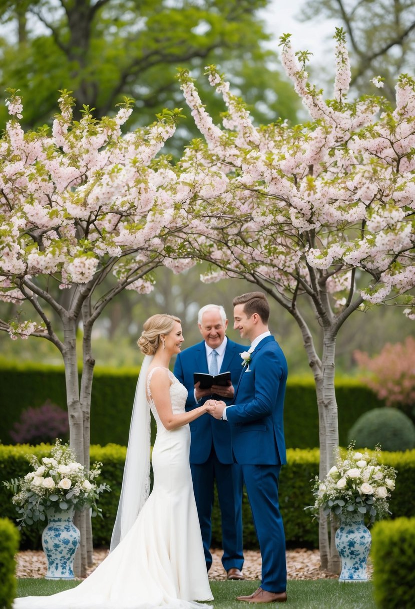 A couple standing under a blooming tree, exchanging vows in a serene garden setting