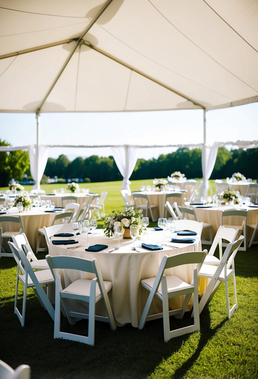 A sunny outdoor wedding venue with neatly arranged rental tables and chairs under a white canopy