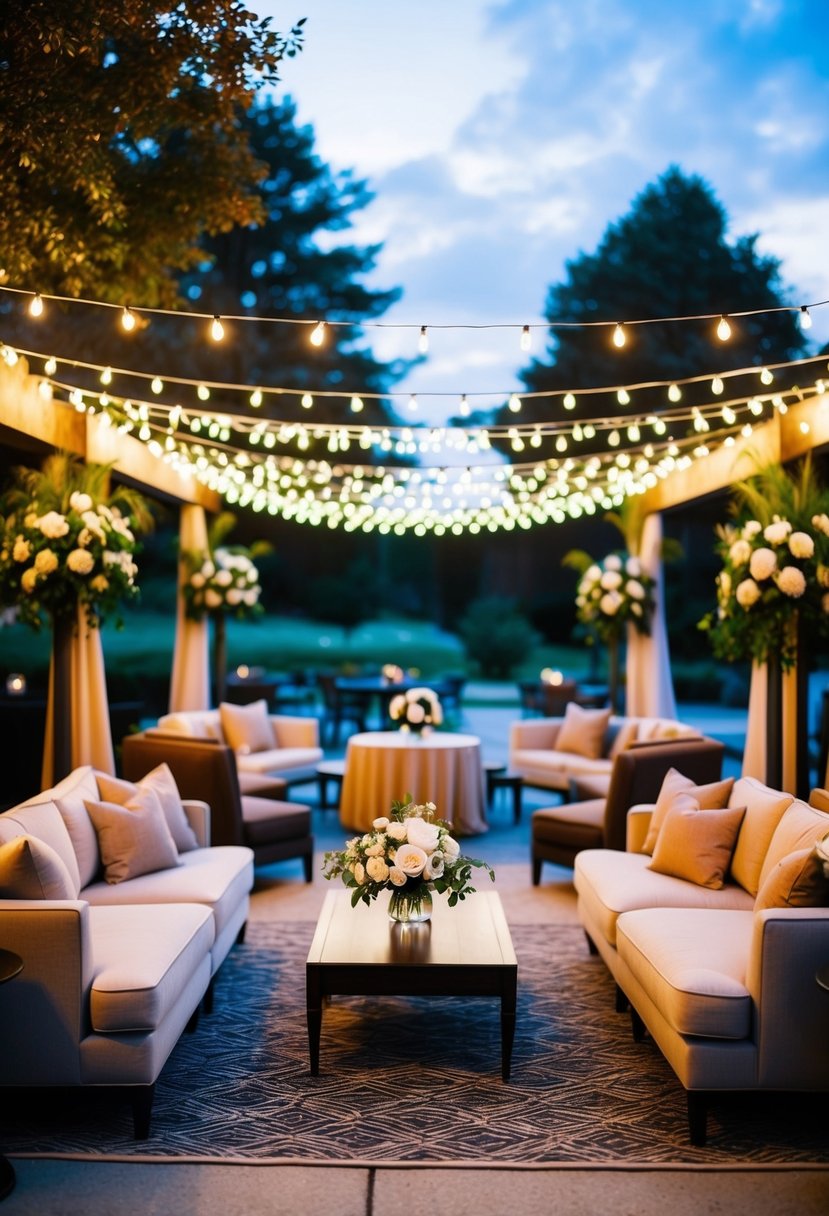 A cozy outdoor wedding lounge with plush sofas, coffee tables, and elegant lighting