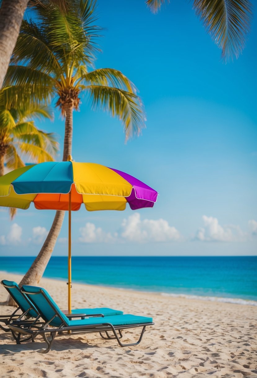 A sunny beach with a colorful umbrella and two lounge chairs, surrounded by palm trees and a calm, blue ocean