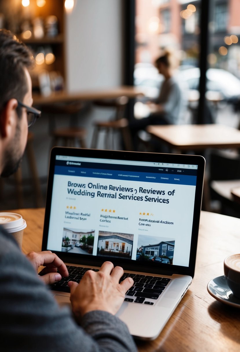 A person browsing online reviews of wedding rental services on a laptop at a cozy coffee shop