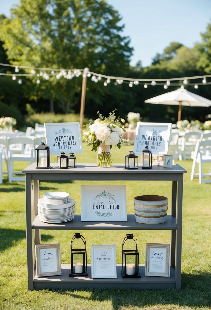 A sunny outdoor wedding venue with a variety of weather-appropriate rental options displayed in a charming rustic setting