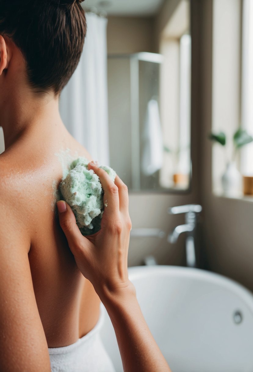 A person applying exfoliating scrub to their skin in a bathroom before a tanning session