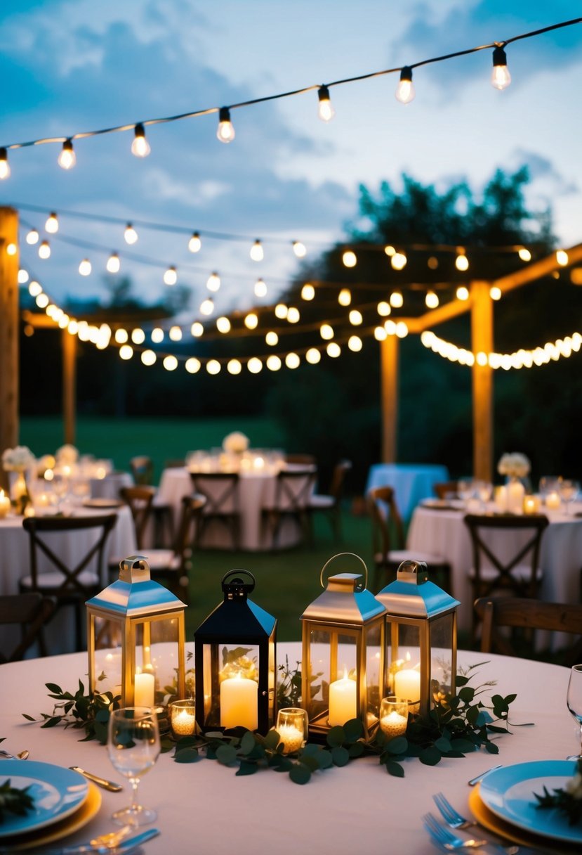 A cozy outdoor wedding reception with string lights and lanterns, creating a warm and romantic ambiance