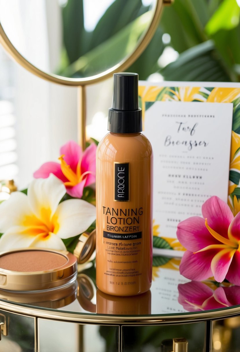 A bottle of tanning lotion with a bronzer sits on a sunlit vanity table, surrounded by tropical flowers and a wedding invitation