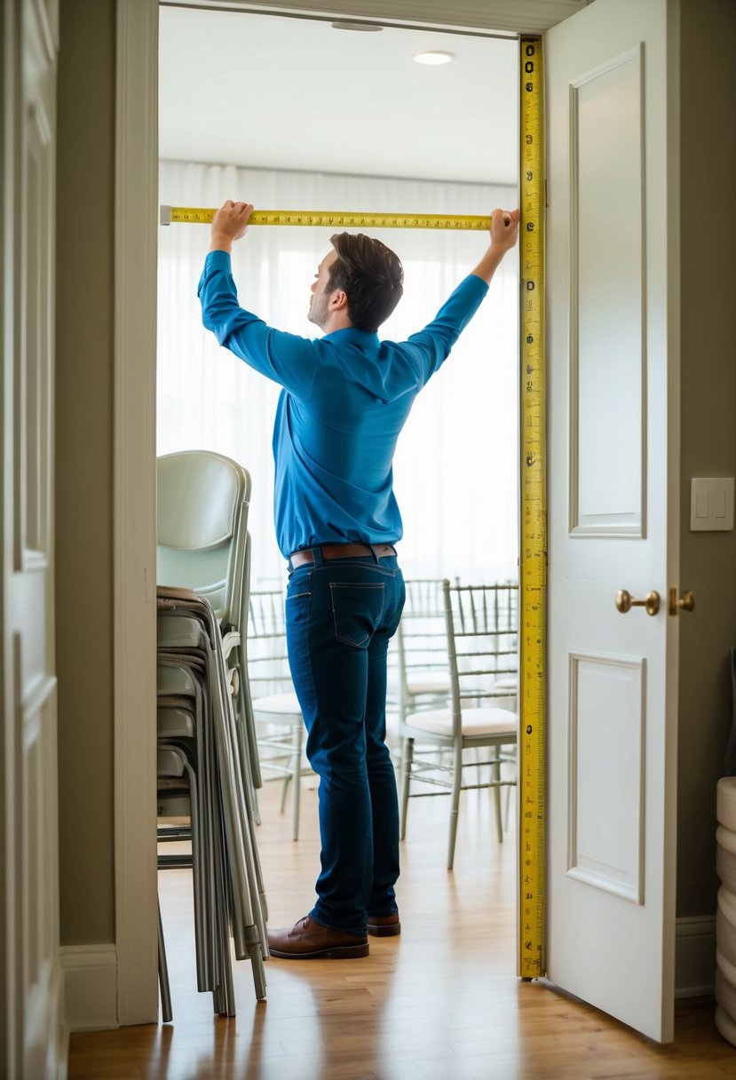 A person measuring the width and height of a doorway with a tape measure, while various wedding rental items like chairs and tables are stacked nearby