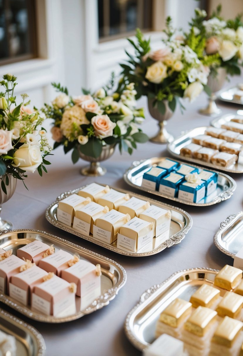 A table adorned with assorted ice cream bars in elegant wedding-themed packaging. Silver trays and floral arrangements add to the sophisticated display