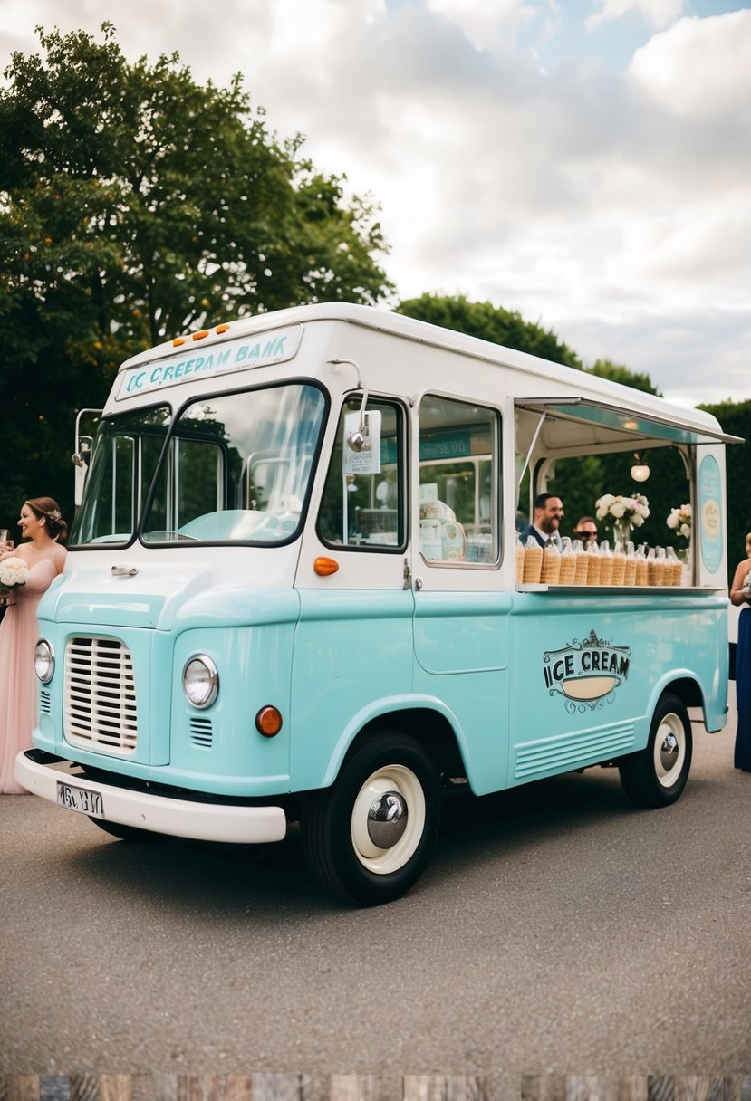 A vintage ice cream truck parked at a wedding venue, serving up delightful ice cream bar ideas to guests