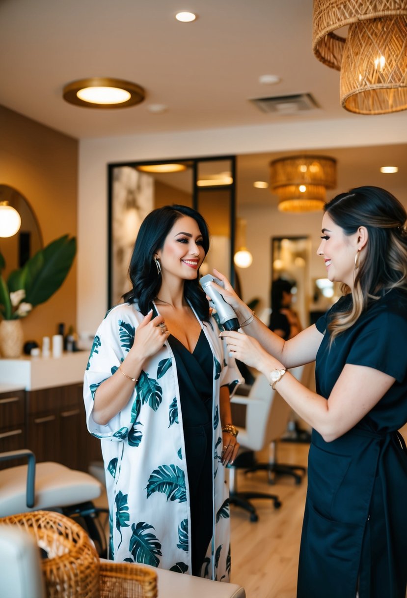 A woman stands in a modern salon, surrounded by warm lighting and tropical decor, as she receives a spray tan trial session for her upcoming wedding