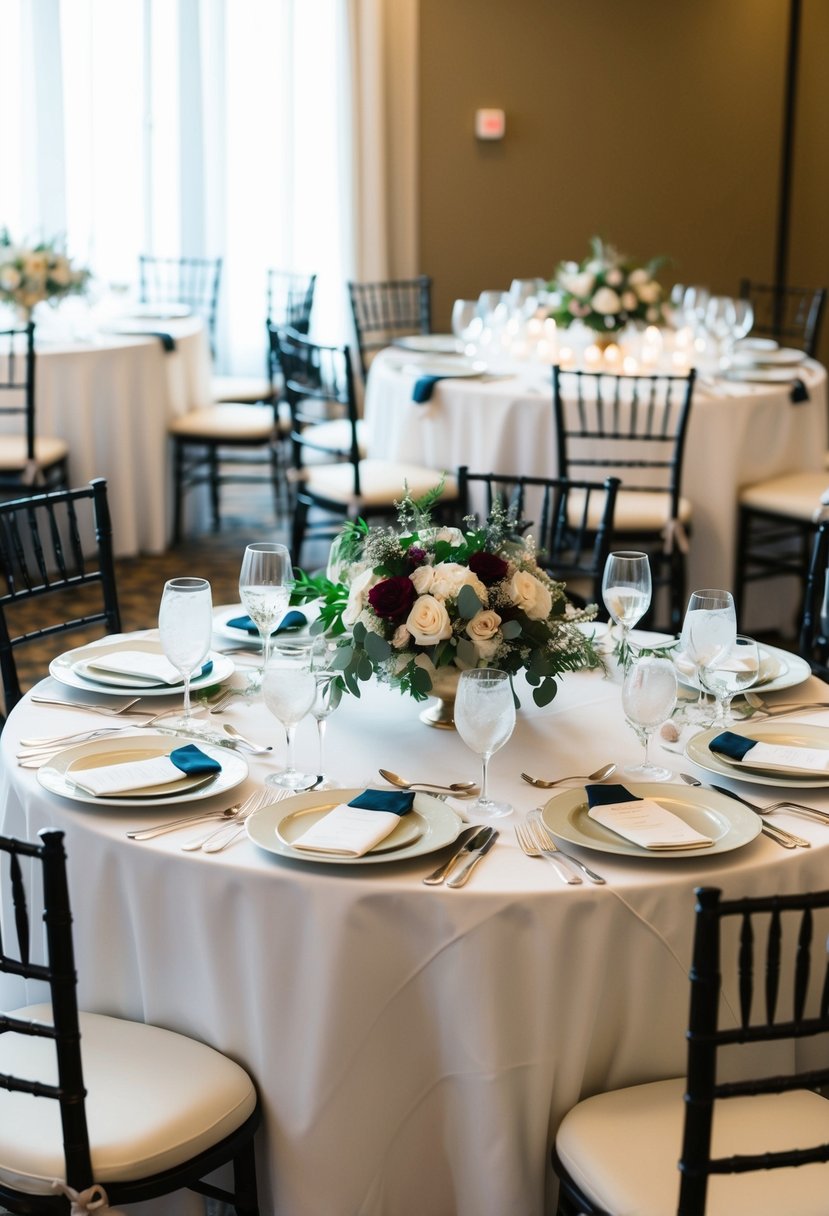 A wedding banquet table set with elegant dinnerware, glassware, and linens, surrounded by chairs and adorned with floral centerpieces