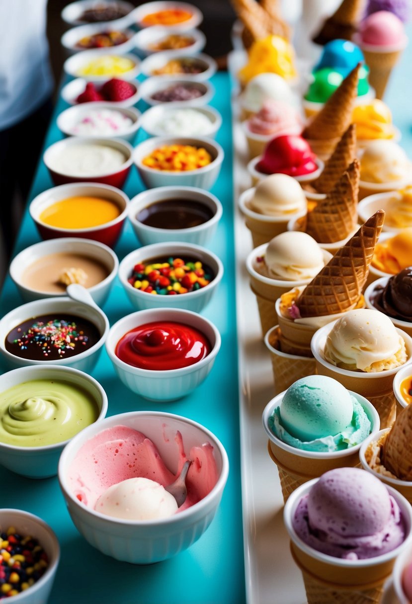 A colorful assortment of toppings and sauces arranged on a table next to an array of ice cream flavors and cones