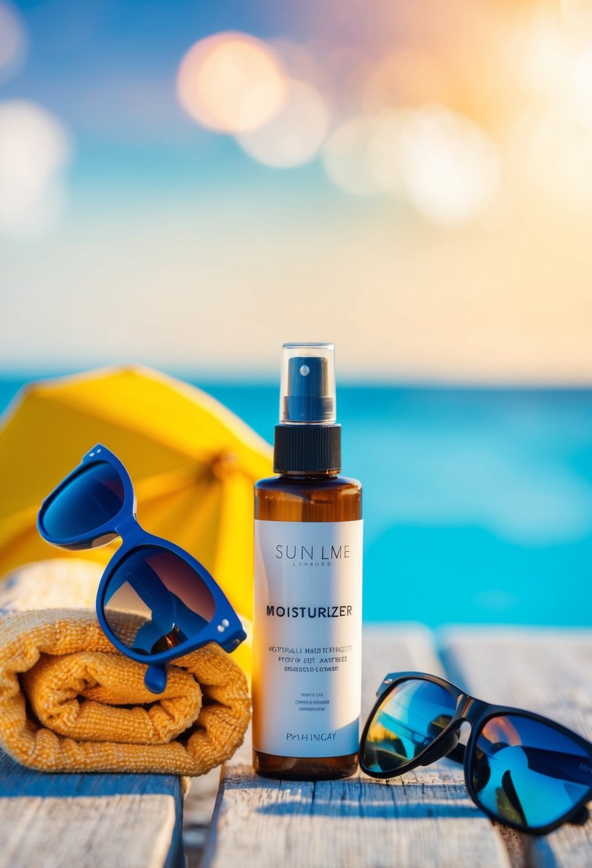 A bottle of moisturizer placed next to a sun-kissed beach towel and sunglasses