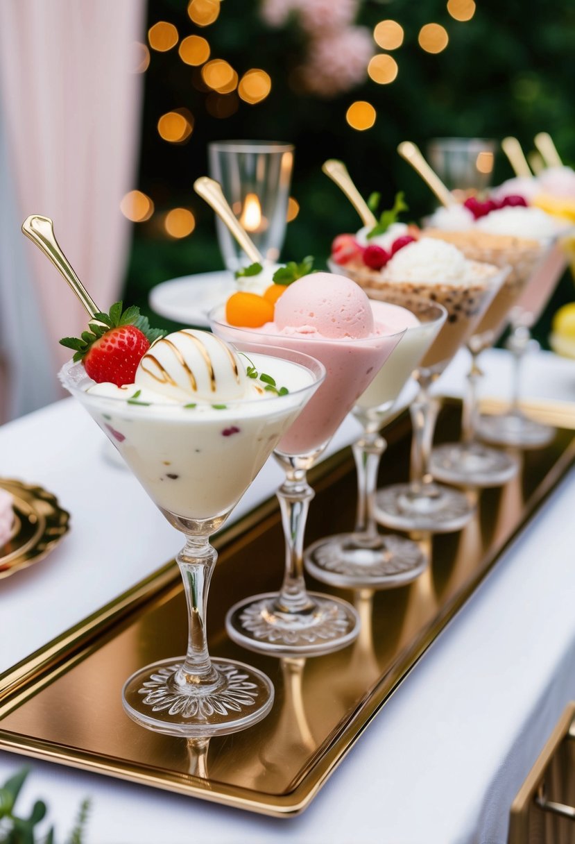 A stylish ice cream bar at a wedding, featuring elegant ice cream martinis served in decorative glasses with assorted toppings and garnishes