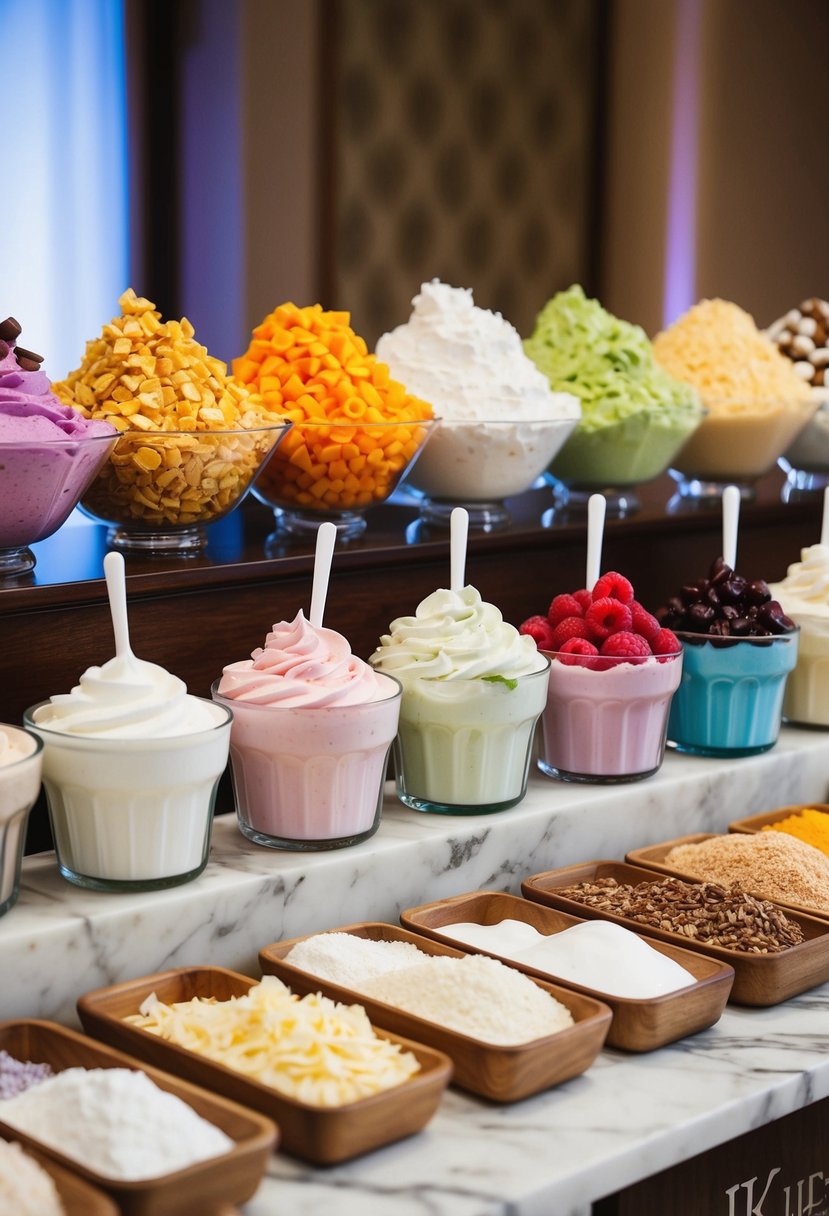 A colorful array of milkshake ingredients and toppings displayed on a marble counter at a wedding reception