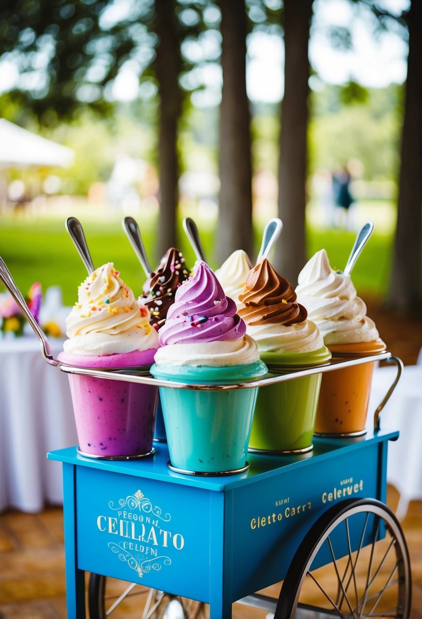 A colorful gelato cart with various flavors and toppings, set up for a wedding celebration