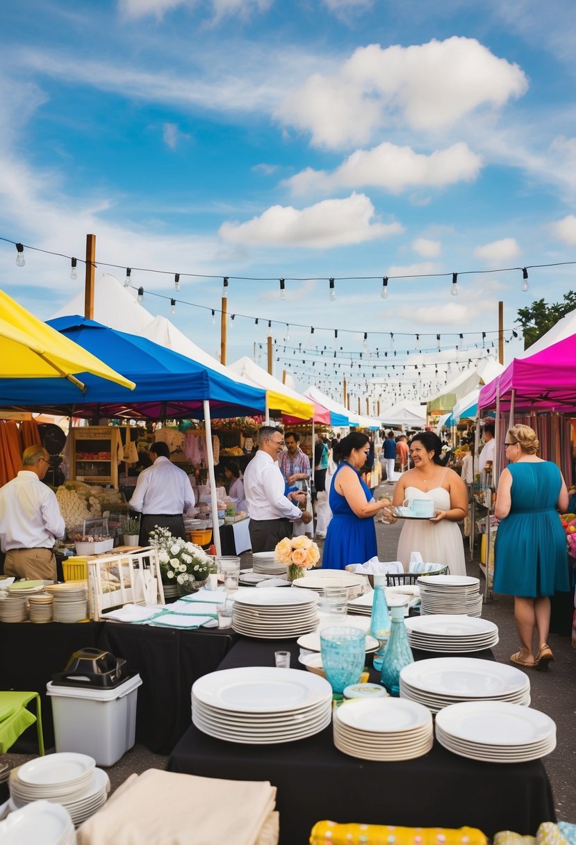 A bustling outdoor market with colorful stalls selling various wedding rental items such as linens, tableware, and decorations. Vendors are interacting with customers, showcasing their products