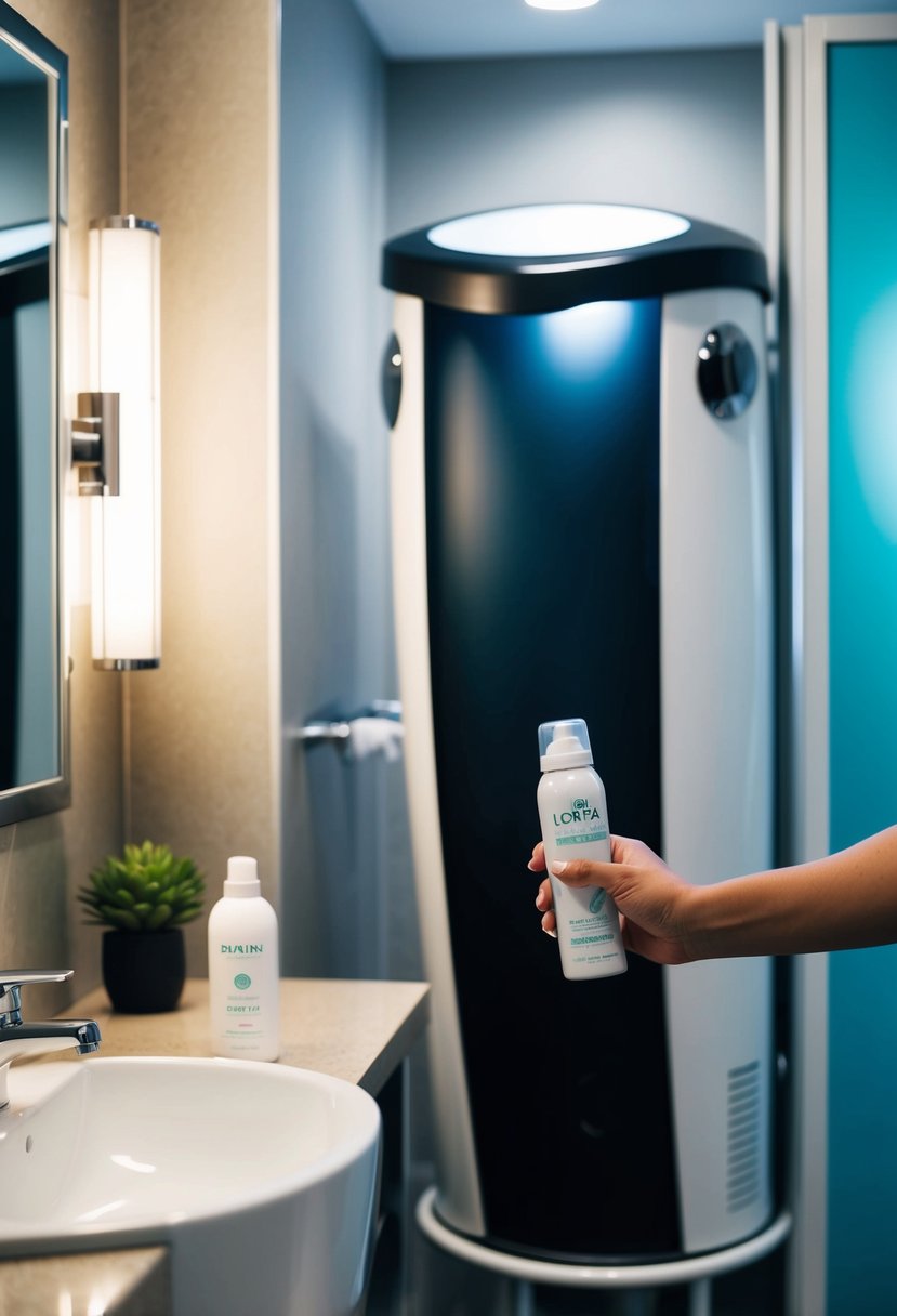 A person standing in a bathroom, reaching for a bottle of deodorant next to a spray tanning booth