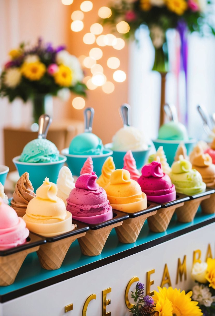 A colorful array of unique sorbet flavors displayed on a whimsical ice cream bar at a wedding reception