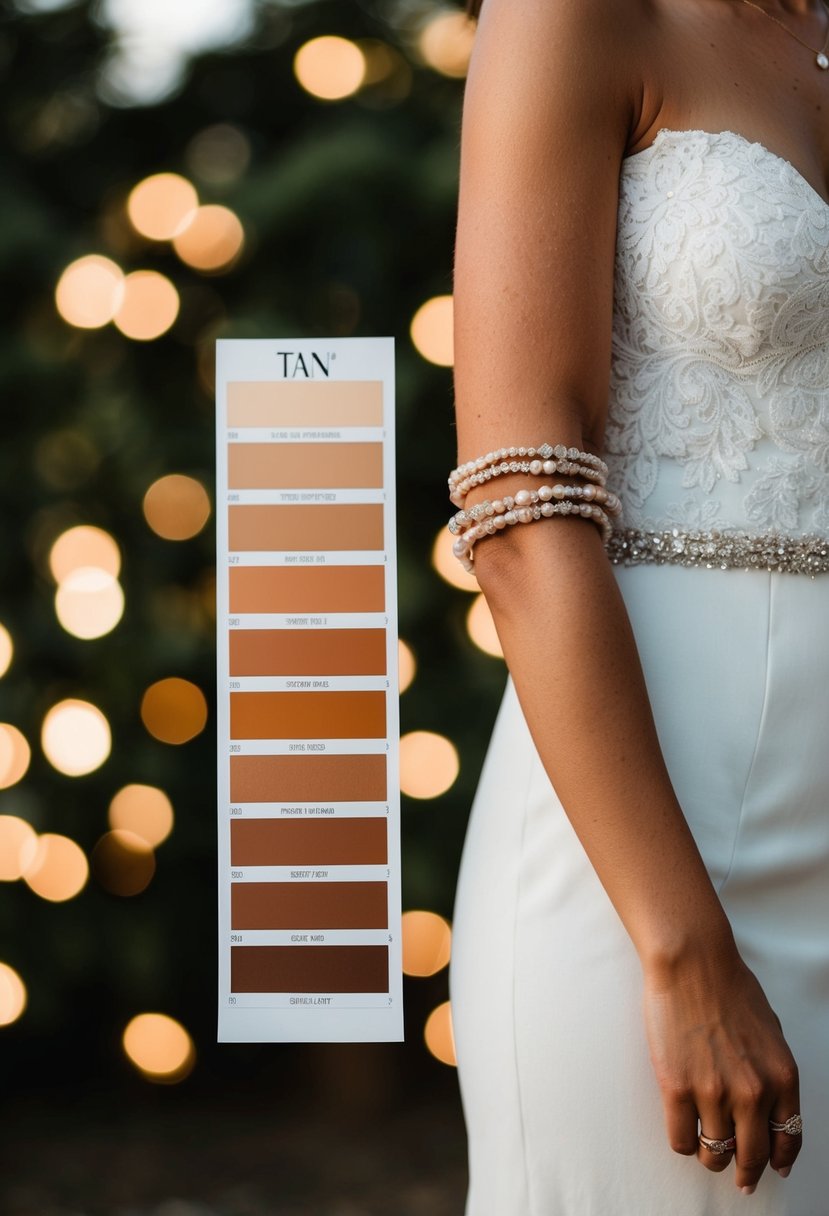 A tan shade swatch next to a dress swatch for wedding tanning tips