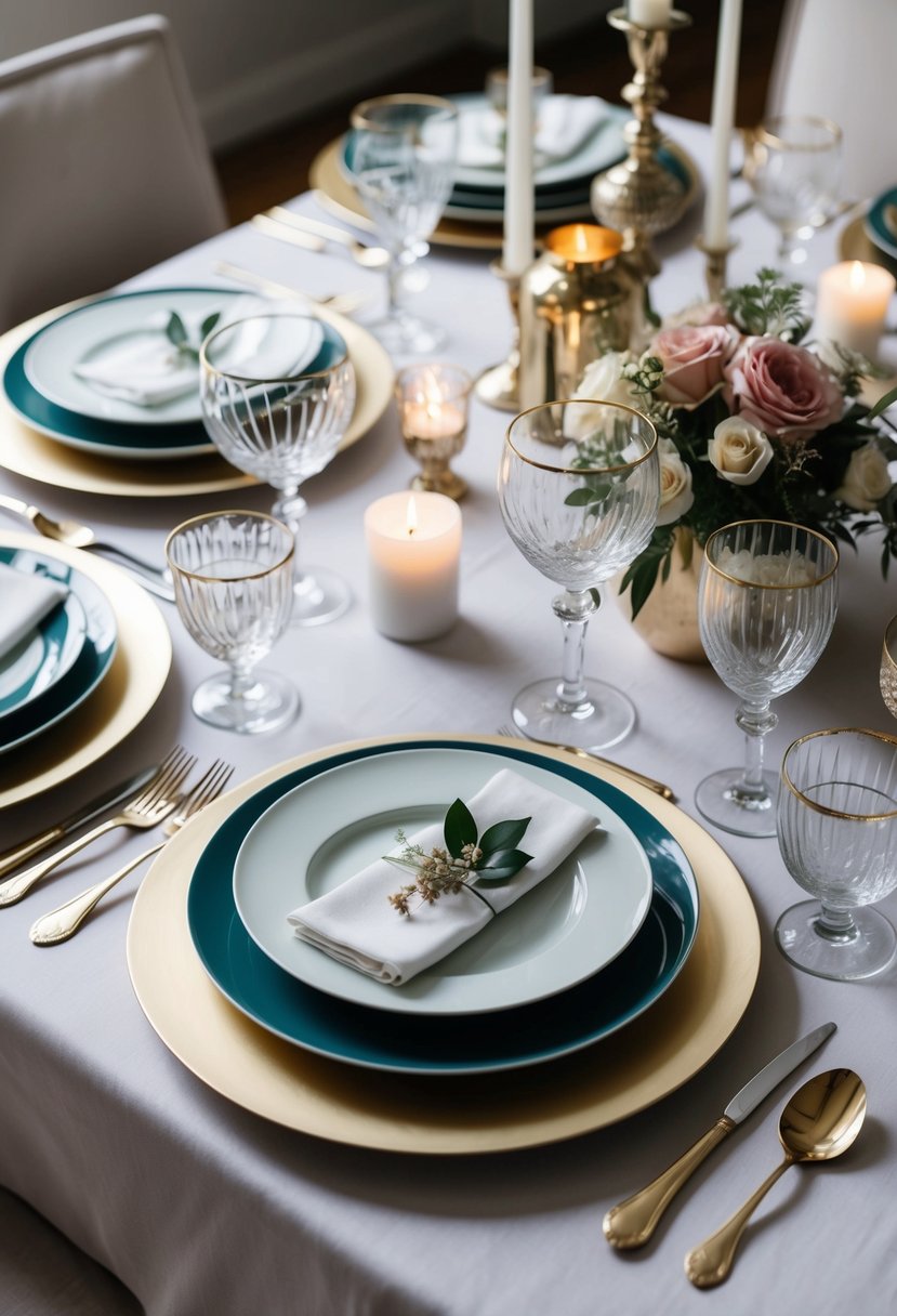 A table set with elegant dinnerware, glassware, and linens in a cohesive color scheme, surrounded by decorative items such as vases, candles, and floral arrangements