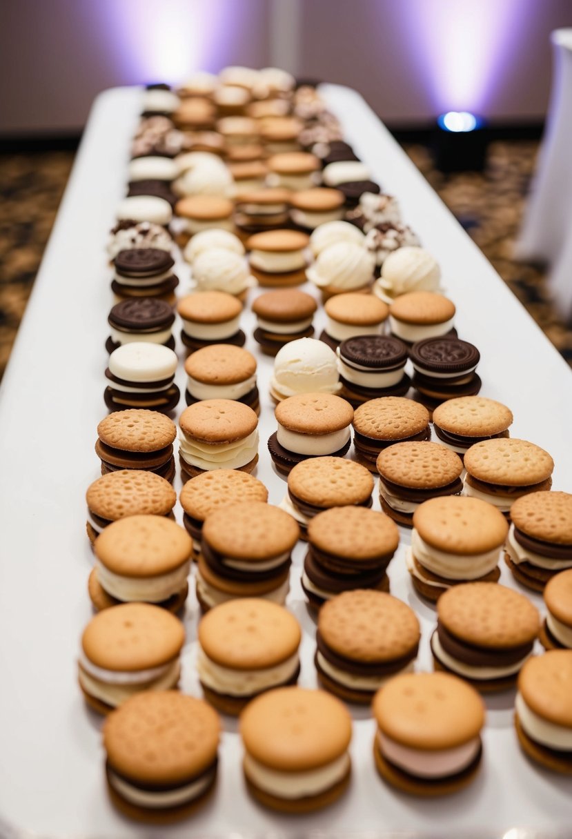 A table spread with a variety of ice cream sandwiches and cookies, arranged in an elegant display for a wedding dessert bar