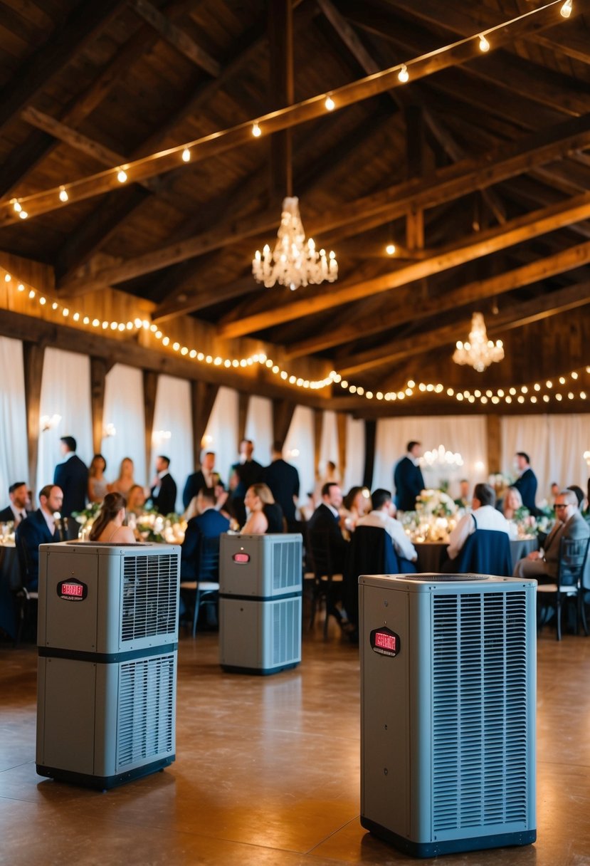 A cozy wedding reception venue with rental heating and cooling units positioned discreetly around the space, ensuring guests' comfort throughout the event