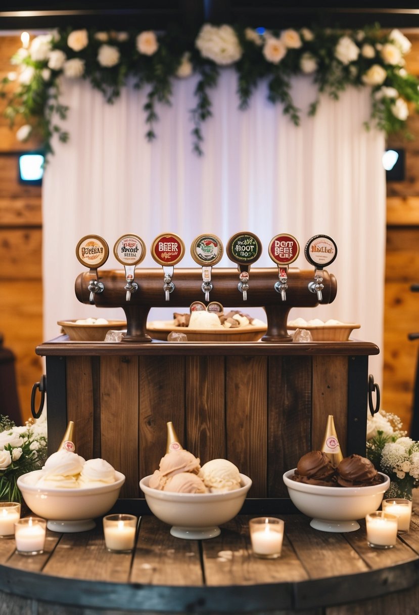 A rustic wooden bar with vintage root beer taps, surrounded by ice cream and toppings, set against a backdrop of wedding decorations