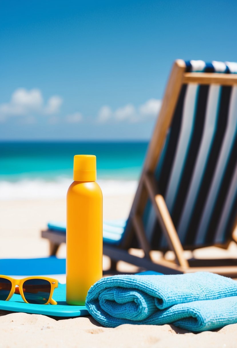 A beach scene with a bottle of sunscreen next to a lounge chair and a towel, with a clear blue sky and the sun shining down