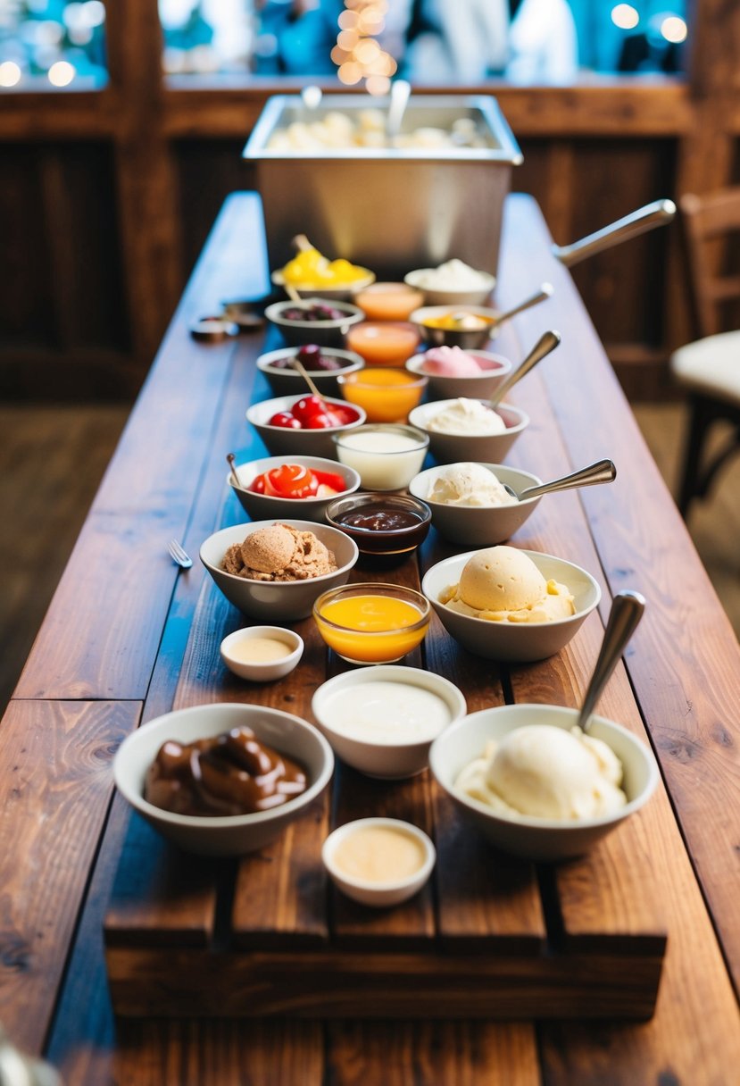 A rustic wooden table displays a variety of artisanal toppings and sauces for an ice cream bar at a wedding reception