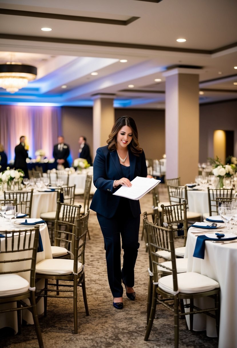 An event planner coordinating rentals for a wedding, with tables, chairs, and decorations arranged in a spacious venue