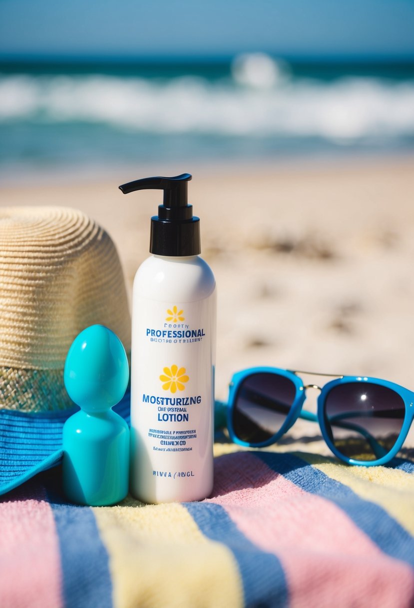 A bottle of moisturizing lotion next to a sun hat and sunglasses on a beach towel