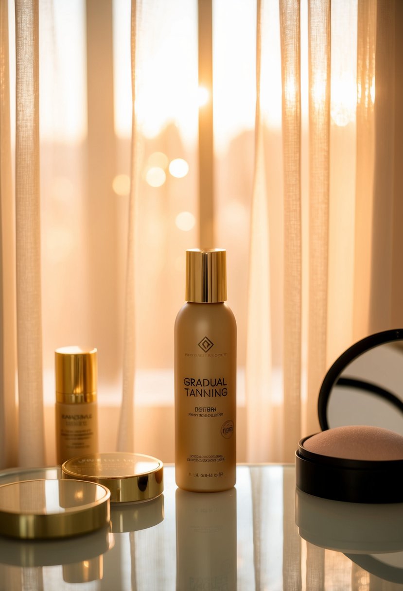 A bottle of gradual tanning lotion surrounded by soft, warm sunlight filtering through sheer curtains onto a vanity table