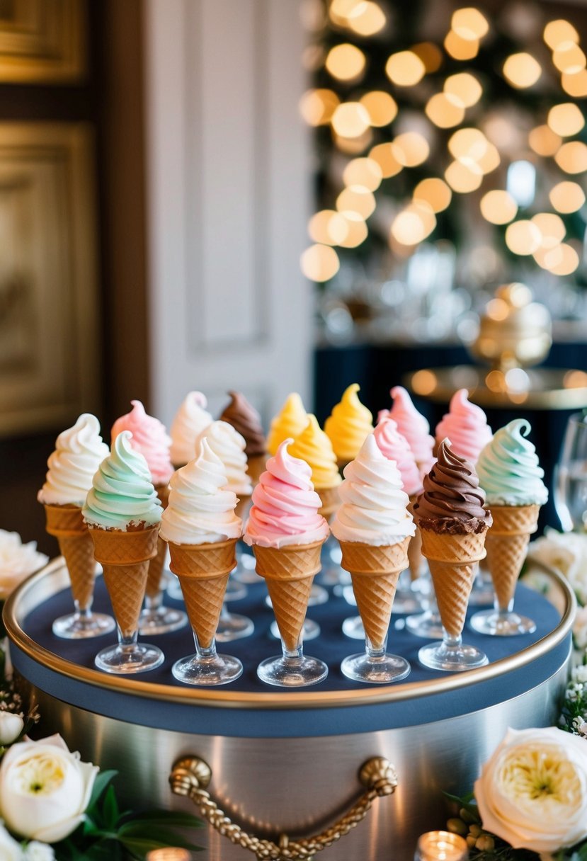 Miniature ice cream cones arranged on a bar, surrounded by elegant wedding decor