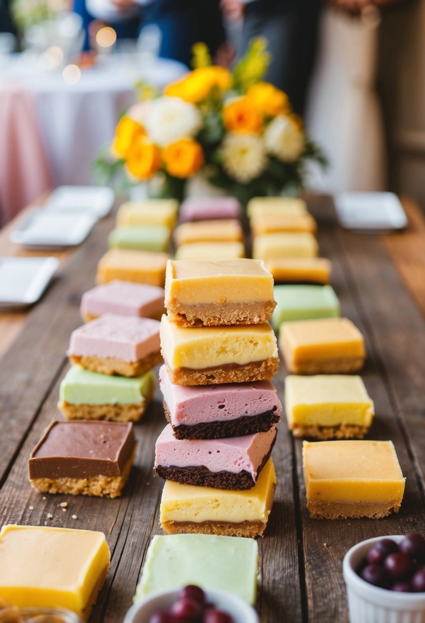 A colorful array of vegan ice cream bars displayed on a rustic wooden table at a wedding reception