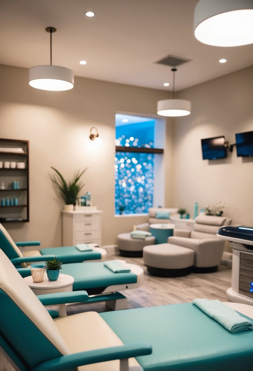 A serene tanning salon with cozy seating, soft lighting, and a professional tanning bed