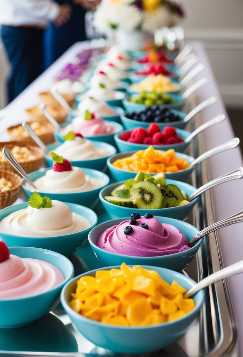 A colorful array of frozen yogurt and fresh, healthy toppings arranged on a sleek, modern ice cream bar at a wedding reception