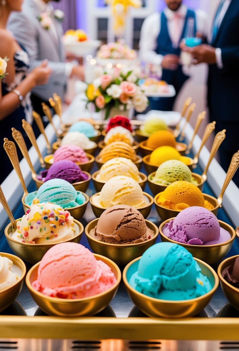 A colorful array of exotic ice cream flavors displayed on a bar at a wedding reception, with decorative toppings and elegant serving utensils