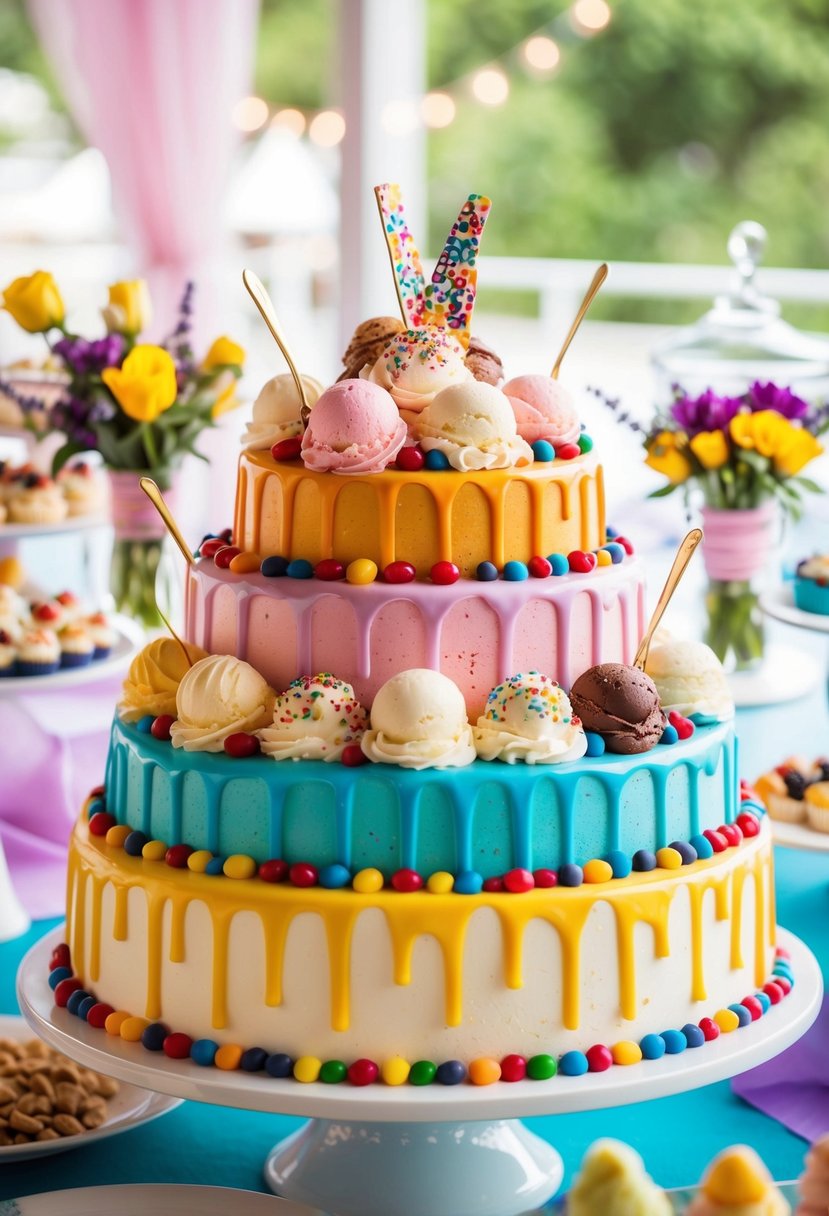 A colorful, whimsical ice cream wedding cake bar with a variety of flavors, toppings, and decorations