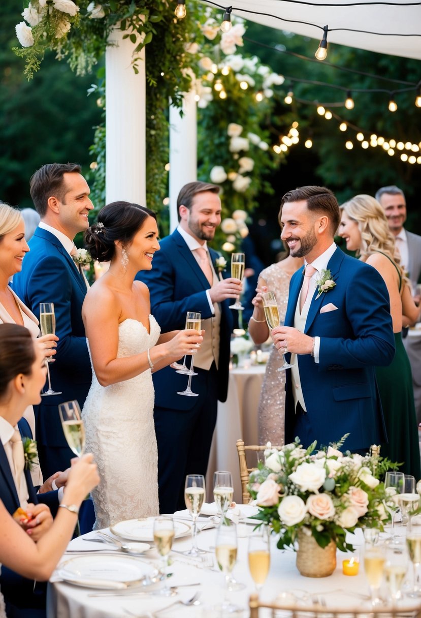 A festive wedding reception with elegantly dressed guests mingling, sipping champagne, and enjoying a beautiful outdoor garden venue