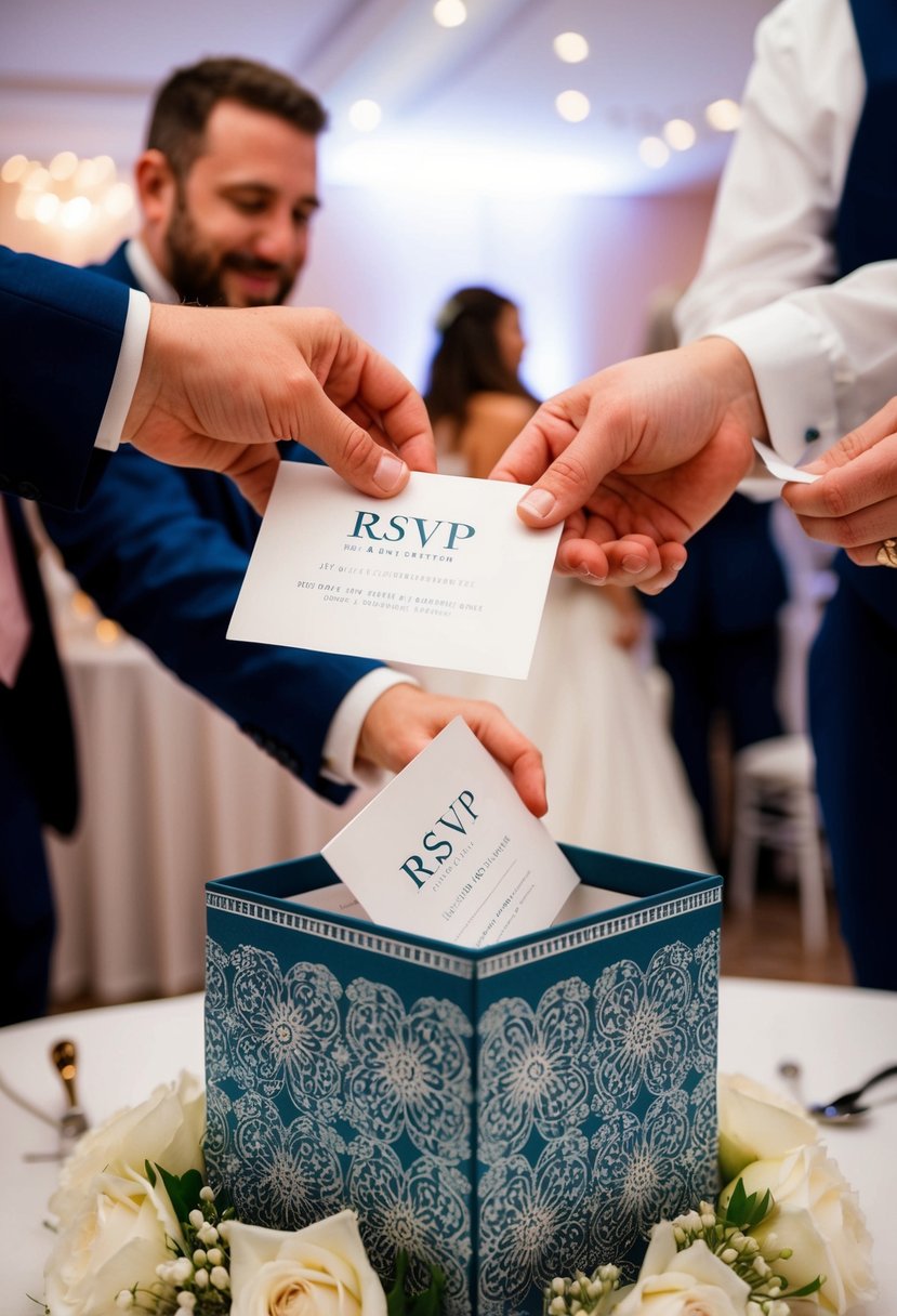 Guests dropping RSVP cards into a decorative box at a wedding reception