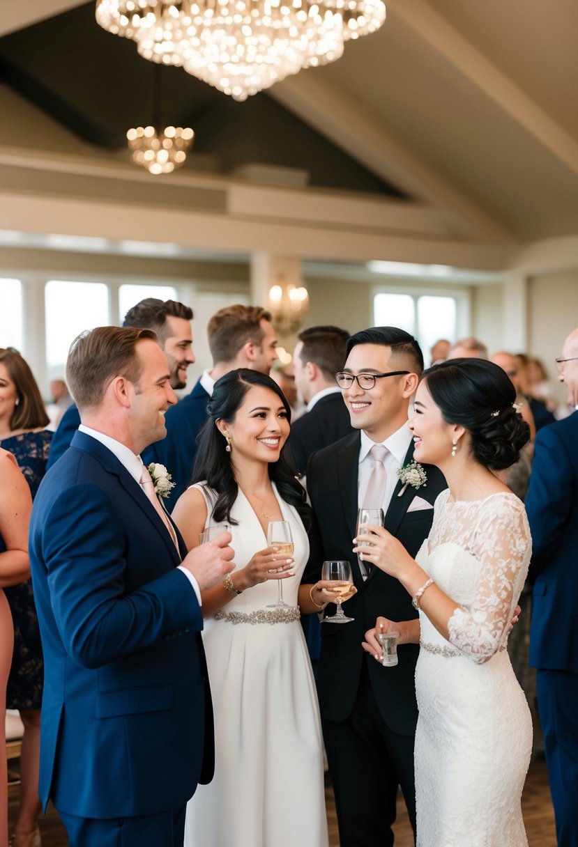 Guests in formal attire socializing at a wedding venue