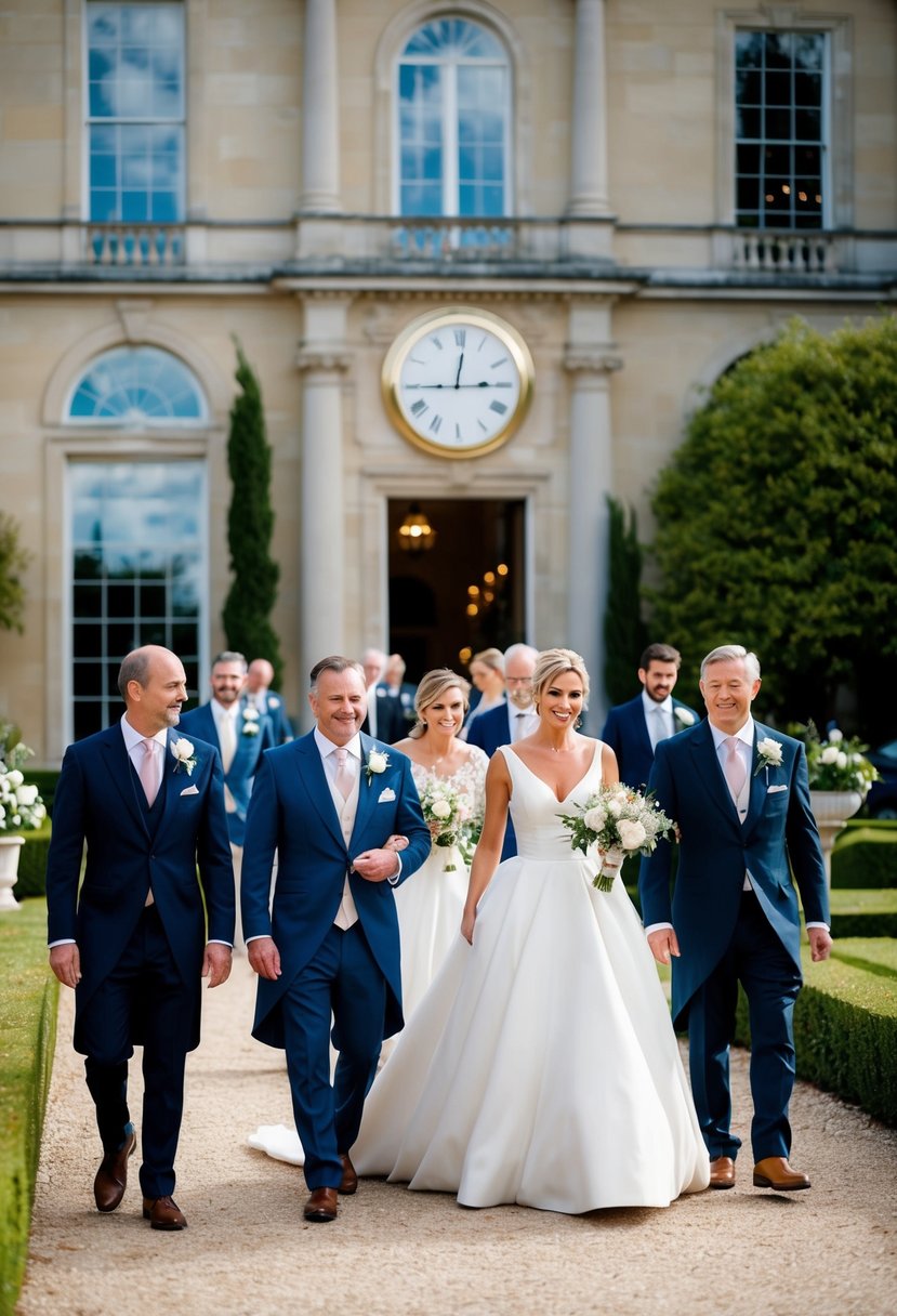 Guests arriving at a grand wedding venue, with a beautiful garden and elegant architecture. A clock on the wall shows the time, emphasizing the importance of punctuality