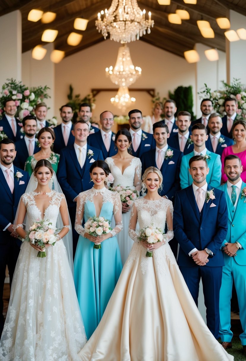 A colorful array of elegant dresses and sharp suits, adorned with flowers and lace, set against a romantic backdrop of a wedding venue