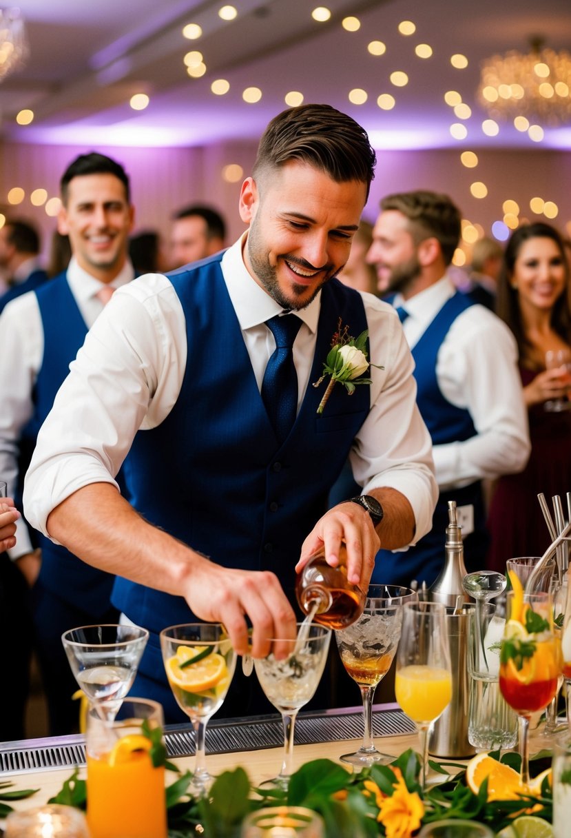 A bartender skillfully mixes drinks at a lively wedding reception, surrounded by colorful glassware and garnishes. The sound of clinking glasses and laughter fills the air